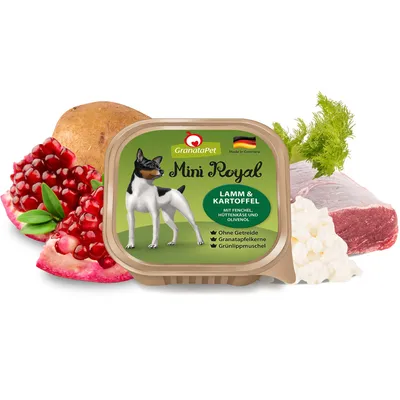 GranataPet Mini Royal jagnięcina i ziemniaki. Z koprem włoskim, twarogiem i oliwą z oliwek. Bez zbóż, pestek granatu, małży nowozelandzkiej. Wyprodukowano w Niemczech.