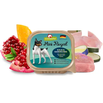 GranataPet Mini Royal cielęcina i królik, z cukinią, dynią i olejem lnianym. Bez zbóż, pestek granatu, małży zielonowargowych. Wyprodukowano w Niemczech.