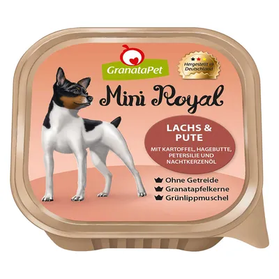 Упаковка GranataPet Mini Royal. Lachs & Pute. С картофелем, шиповником, петрушкой и маслом примулы. Без зерна, гранатовые косточки, зелёная мидия. Сделано в Германии.