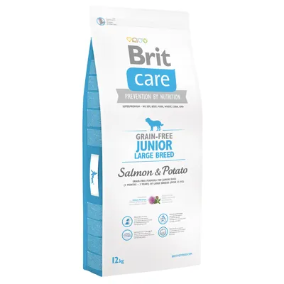 Sac Brit Care Grain-Free Junior Large Breed, Salmon & Potato, 12 kg. Texte visible : sans soja, bœuf, porc, blé, maïs, OGM. Pour jeunes chiens de grande race (plus de 25 kg).