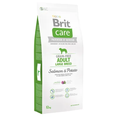 Brit Care Grain-Free Adult Large Breed Salmon & Potato, sacco da 12 kg. Testo visibile: senza soia, manzo, maiale, frumento, mais, OGM. Formula per cani adulti di taglia grande.