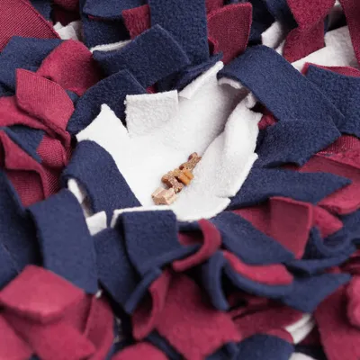 Close-up of a snuffle mat made of fabric strips in blue, red and white with hidden treats in the centre.