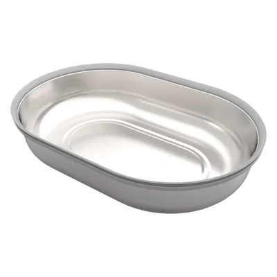 Ovale Edelstahlschale, silberfarben, geeignet für Lebensmittel oder Flüssigkeiten.