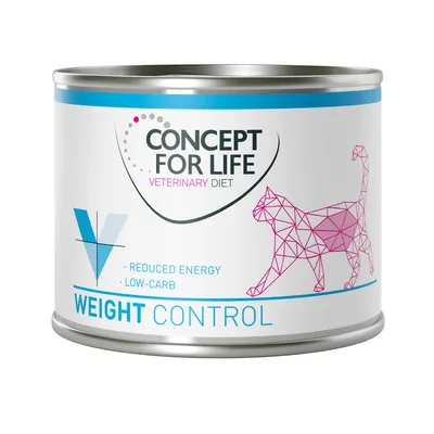 Concept for Life Veterinary Diet Weight Control, scritta: Reduced Energy, Low-Carb. Lattina con disegno di gatto stilizzato rosa e dettagli blu.