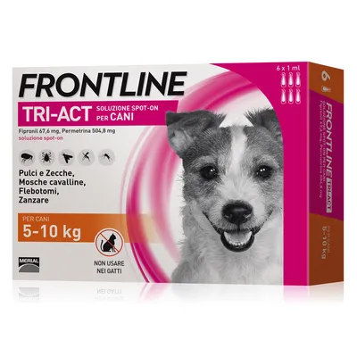 Frontline Tri-Act soluzione spot-on per cani 5–10 kg, 6 x 1 ml. Fipronil 67,6 mg, Permetrina 504,8 mg. Pulci, zecche, mosche cavalline, flebotomi, zanzare. Non usare nei gatti.
