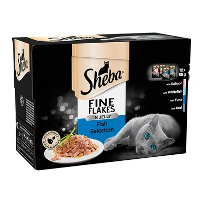 Embalagem Sheba Fine Flakes in Jelly Fish Selection, 12x85g. Variedades: salmão, peixe branco, atum, bacalhau. Ingredientes naturais de qualidade visíveis no selo.