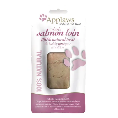 Applaws Natural Cat Treat, whole salmon loin, 100% natural treat. Testo visibile: 100% NATURAL, Whole Salmon Loin, filetto di salmone intero.