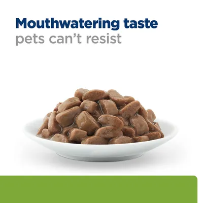 Bowl of meaty chunks in gravy with the text: Mouthwatering taste pets can’t resist.