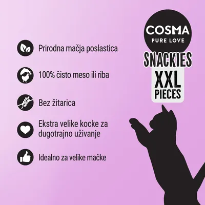 COSMA PURE LOVE SNACKIES XXL PIECES. Prirodna mačja poslastica, 100% čisto meso ili riba, bez žitarica, ekstra velike kocke za dugotrajno uživanje, idealno za velike mačke.