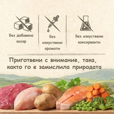 Без добавена захар, без изкуствени аромати, без изкуствени консерванти. Изобразени са месо, риба, картофи, моркови, грах и броколи. Без добавена захар, без изкуствени аромати, без изкуствени консерванти. Изобразени са месо, риба, картофи, моркови, грах и броколи.
