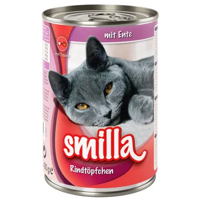 Konzerva Smilla Rindtöpfchen pre mačky, s obrázkom sivej mačky, texty: smilla, Rindtöpfchen, mit Ente, mit Taurin, 400 g. Text v nemčine.
