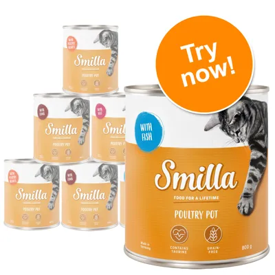 Smilla Poultry Pot cat food tins, visible flavours: with fish, with lamb, with beef, with poultry hearts. Labels show 'Contains taurine', 'Grain-free', 800g. Orange badge: Try now!