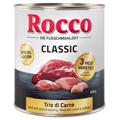 Консерва Rocco Classic Special Edition Trio di Carne, 800 г. Видны куски мяса, надписи: Beef with lamb & poultry, Rind mit Lamm & Geflügel.