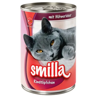 Консерва Smilla Rindtöpfchen за котки, с изображение на сива котка. Видим текст: mit Hühnerleber, mit Taurin. Консерва Smilla Rindtöpfchen за котки, с изображение на сива котка. Видим текст: mit Hühnerleber, mit Taurin.
