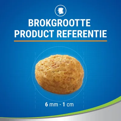 Brokformaat productreferentie: afbeelding van een brok met tekst 'BROKGROOTTE PRODUCT REFERENTIE' en maatindicatie 6 mm – 1 cm.