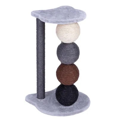 Cat tree with grey platform, scratching post and four colourful sisal balls in white, grey, brown and black.