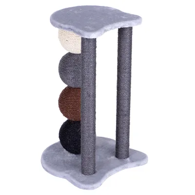 Cat tree with grey platform, two sisal posts and four colourful balls made of rope material in beige, grey, brown and black.