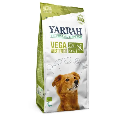 Yarrah Bio-Organic Since 1992, Vega Wheat Free, Ultra Sensitive, rețetă vegană pentru câini, proteine 21 %, grăsimi 14 %, pachet de 2 kg. Certificat bio și vegan vizibil pe ambalaj.