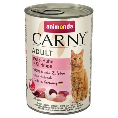 Animonda Carny Adult macskaeledel, pulyka, csirke + garnéla. 100% friss összetevők, gabonamentes, Németországban készült, taurinnal.