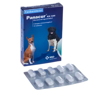 Panacur KH 500 ontwormingsmiddel, 3-daagse ontwormingskuur, 10 tabletten, Fenbendazol. Verpakking met afbeelding van twee honden en doordrukstrip met tabletten zichtbaar.