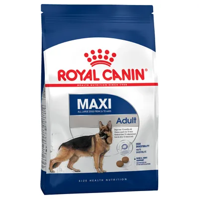 Royal Canin Maxi Adult, Trockenfutter für große Hunde von 26 bis 44 kg, hohe Verdaulichkeit, Unterstützung von Knochen und Gelenken, Abbildung eines Hundes auf der Verpackung.