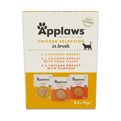 Applaws Chicken Selection in Broth: 2x Chicken Breast, 2x Chicken Breast with Tuna Fillet, 2x Chicken Breast with Pumpkin, 100% natural ingredients, 6x 70g Applaws Chicken Selection in Broth: 2x Chicken Breast, 2x Chicken Breast with Tuna Fillet, 2x Chicken Breast with Pumpkin, 100% natural ingredients, 6x 70g