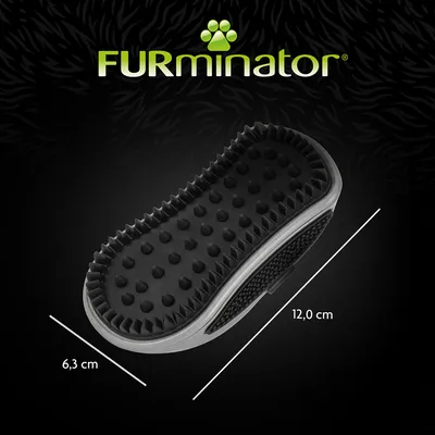 Rubber grooming brush with raised nubs, shown with dimensions 12.0 cm by 6.3 cm.
