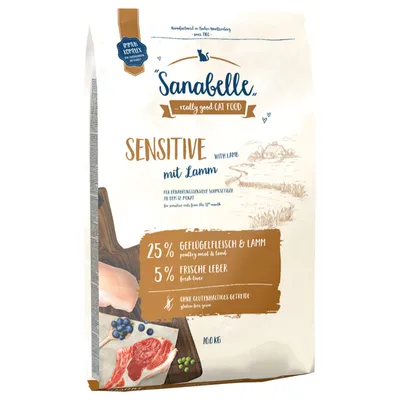 Sanabelle Sensitive with lamb, 25% poultry meat & lamb, 5% fresh liver, gluten-free grains, for nutritionally sensitive cats from 12 months, 10 kg pack.