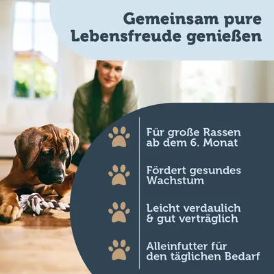 Texte en allemand : Für große Rassen ab dem 6. Monat, Fördert gesundes Wachstum, Leicht verdaulich & gut verträglich, Alleinfutter für den täglichen Bedarf.
