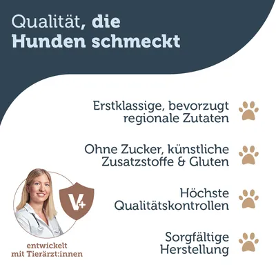 Qualität, die Hunden schmeckt. Erstklassige, bevorzugt regionale Zutaten. Ohne Zucker, künstliche Zusatzstoffe & Gluten. Höchste Qualitätskontrollen. Sorgfältige Herstellung. Entwickelt mit Tierärzt:innen. Texte en allemand.