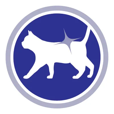 White cat silhouette with a star shape on lower back, inside a blue circle with light border. No text or brand visible.