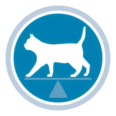 Hvid silhuet af kat på vægtstang i blå cirkel. Ingen tekst eller mærker synlige.