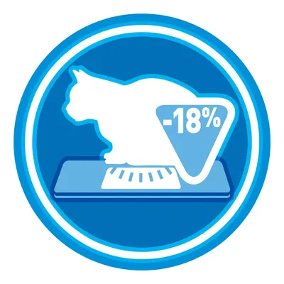 Silueta mačky na váhe, modrý symbol s textom -18 %