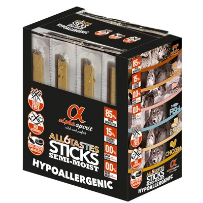 Pachet Alpha Spirit All 6 Tastes Sticks Semi-Moist Hypoallergenic, 85% carne/pește proaspăt, 15% germeni leguminoase, fără cereale, fără gluten, sortimente: vită, miel, ficat, pește, pui.