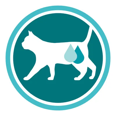 White cat silhouette with two water drop icons on body, teal circle background