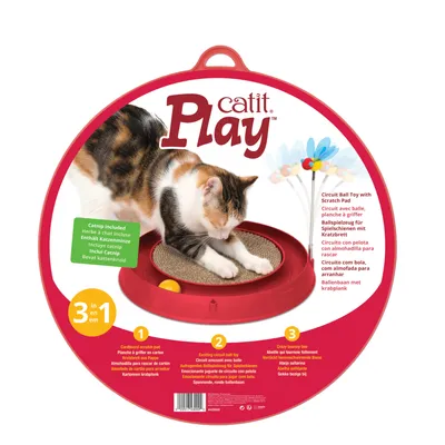 Catit Play 3-w-1 zabawka dla kotów z drapakiem, torem dla piłki i kocimiętką. Zawiera tekturowy drapak, tor dla piłki i ruchomy kwiatek.