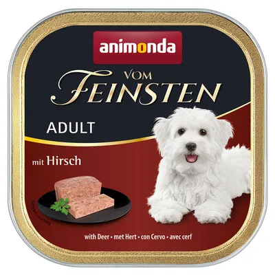 Animonda Vom Feinsten Adult mit Hirsch. Serviervorschlag: Fleischpastete auf schwarzem Teller, weisser Hund abgebildet.