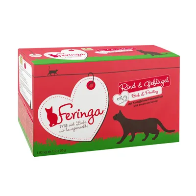 Caja de comida para gatos Feringa Rind & Geflügel (Beef & Poultry) con patata y catnip, 1,02 kg (12 x 85 g). Texto en alemán e inglés visible en el envase.