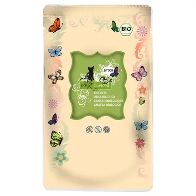 Confezione catz finefood Bio N°505, anatra biologica. Testo visibile: BIO-ENTE, ORGANIC DUCK, CANARD BIOLOGIQUE, ANATRA BIOLOGICO. Marchio BIO in alto a destra.