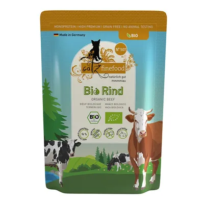 Confezione catz finefood Bio Rind, manzo biologico, BIO, Made in Germany, 94 % carne, senza zuccheri aggiunti, monoproteina, certificazioni bio visibili sull'etichetta.