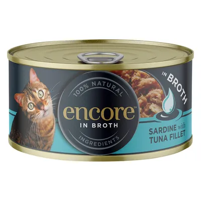 Encore in Broth, 100% natürliche Zutaten, Sardine mit Thunfischfilet. Konservendose mit Katzenmotiv.