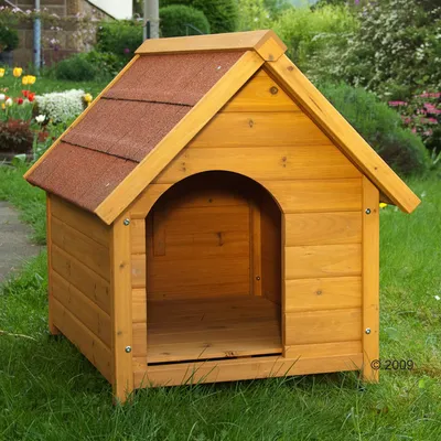 Puisen koirankopin kuva, ruskea katto ja seinät, avonainen sisäänkäynti edessä. Koppi sijoitettu nurmikolle ulos. Materiaali: puu, kattohuopa.
