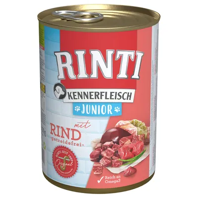 RINTI Kennerfleisch Junior met rund, graanvrij, rijk aan Omega3. Blik hondenvoer met afbeelding van vlees en orgaanvlees op het etiket. Inhoud: 400g.