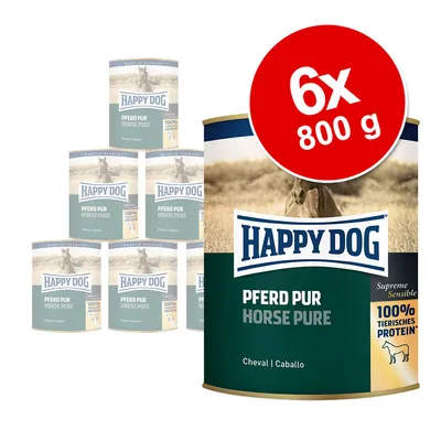 Happy Dog Pferd Pur Horse Pure, 6x800 g konzerve. Na pakiranju piše: Supreme Sensible, 100% tierisches Protein, Cheval Caballo.