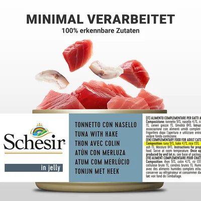 Schesir in Jelly. Minimalno predelana, 100 % prepoznavne sestavine. Tuna z osličem. Sestava: tuna 51 %, oslič 4,7 %, riž 1,5 %. Dopolnilna hrana za odrasle mačke.