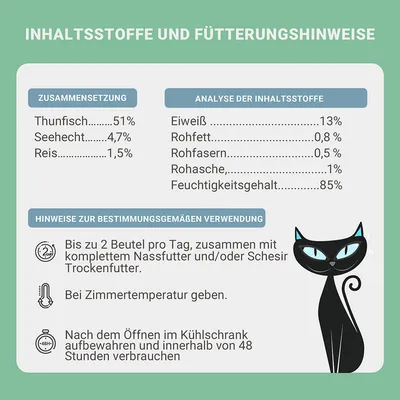 Sestavine: tuna 51 %, oslič 4,7 %, riž 1,5 %. Analiza: beljakovine 13 %, surove maščobe 0,8 %, surove vlaknine 0,5 %, surovi pepel 1 %, vlaga 85 %. Navodila za hranjenje: do 2 vrečki na dan.