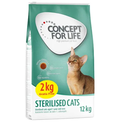 Concept for Life Sterilised Cats, 12 kg. Posebna formula: kontrola tjelesne težine, podrška mokraćnim putevima, visoka probavljivost. 2 kg gratis za sterilizirane mačke od 1. godine.