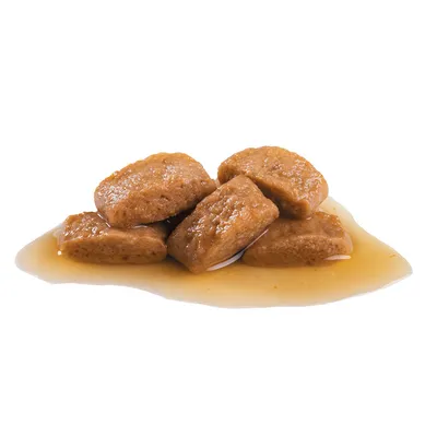 Мокра храна за домашни любимци: късове месо в сос, без видима опаковка или марка.