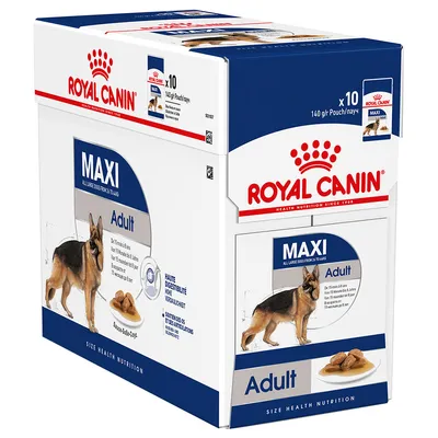 Упаковка Royal Canin Maxi Adult, 10 паучей по 140 г для взрослых собак крупных пород. На коробке изображён немецкий овчарка и корм в соусе. Видны надписи: MAXI, Adult.