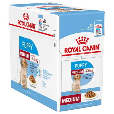 Royal Canin Puppy Medium 11–25 kg, 10 x 140 g annospussia. Pakkauksessa kuva koiranpennusta ja annosruoasta. Näkyvissä tuotemerkki ja painoluokka.